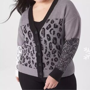 Lane Bryant Mixed Leopard Print Button Front Cardigan Gray Black Size 22/24
